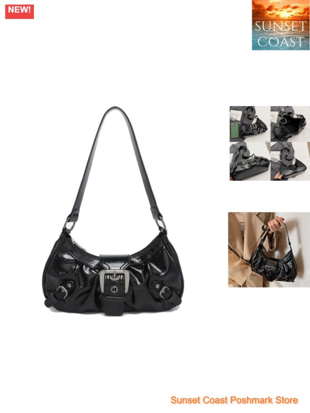 Washed Faux Leather Hobo Shoulder Bag Buckle Y2K Purse